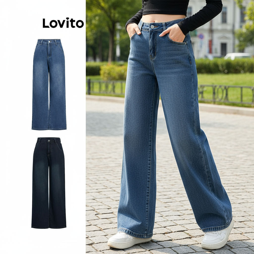 Lovito กางเกงยีนส์ผู้หญิง กระดุมซิป กระเป๋าเรียบง่าย สําหรับใส่ลําลอง L89ED033 (หลากสี)\3