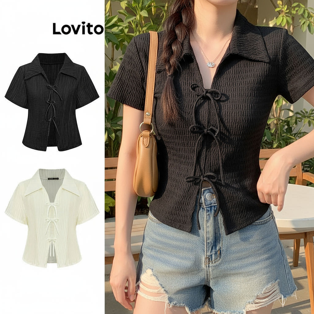 Lovito เสื้อยืดผู้หญิง ลายโบว์ ผ้าแจ็คการ์ด สไตล์น่ารัก สําหรับฤดูร้อน L87ED028 (หลากสี)\5