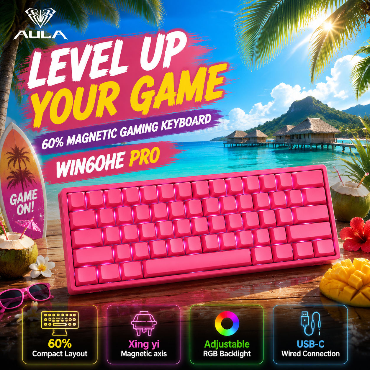 คีย์บอร์ดเกมมิ่ง AULA WIN60 HE PRO สวิตช์แม่เหล็ก Rapid Trigger RGB คีย์บอร์ดแมคคานิคอล 60% แบบมีสาย