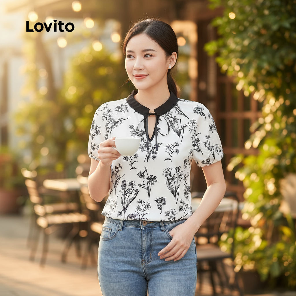 Lovito เสื้อเบลาส์ลูกไม้แตะสีบล็อก สไตล์บุโฮ สําหรับฤดูใบไม้ผลิ/ฤดูร้อน L137ED015