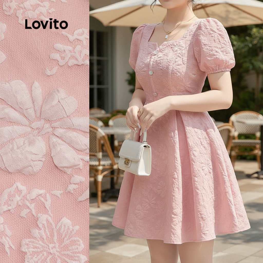 Lovito เดรสแจ็คการ์ดสุดหรู สีชมพู แต่งกระดุม พลีท ฤดูใบไม้ผลิ/ฤดูร้อน L138ED340