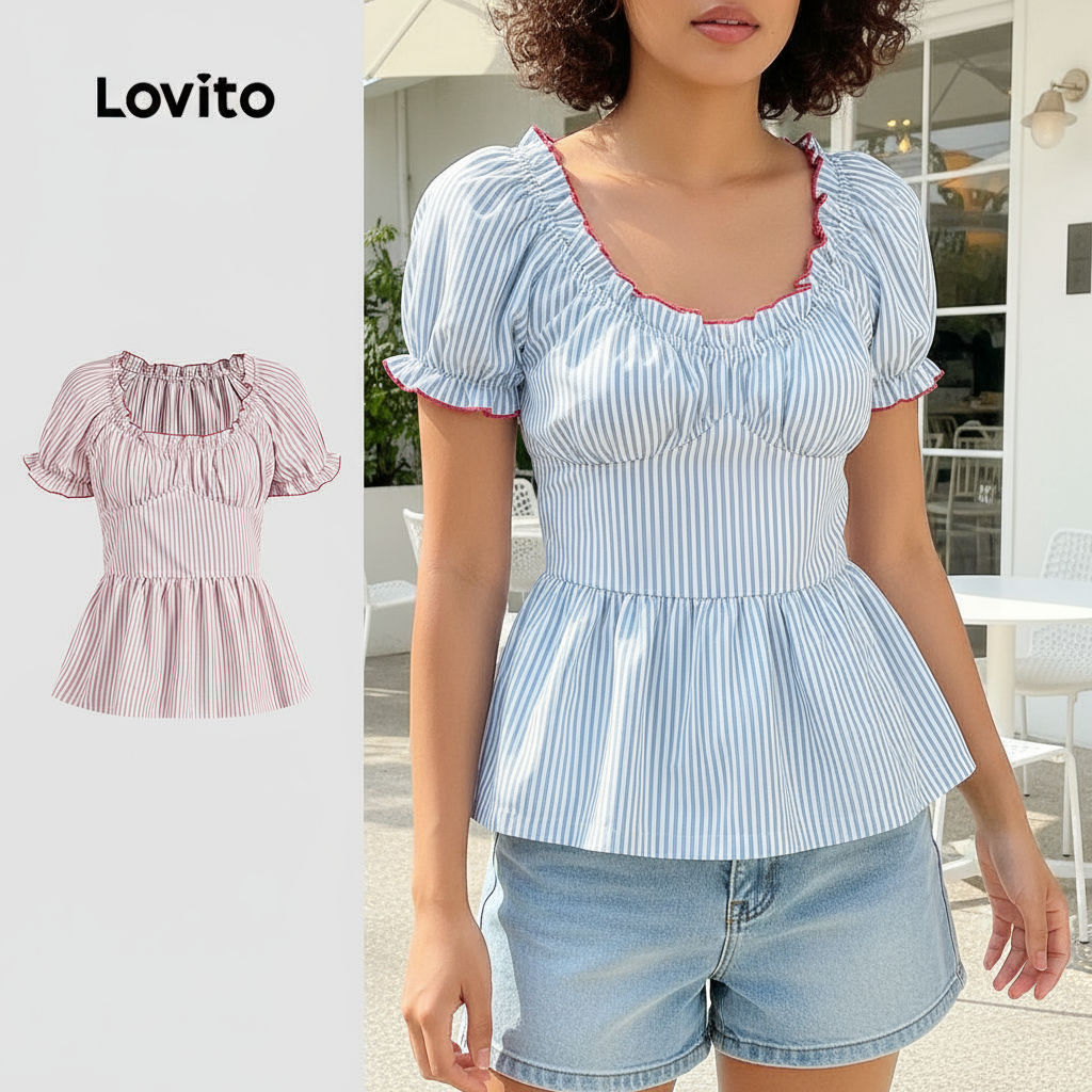 Lovito เสื้อผู้หญิงลายจีบคมชัดสม็อคฤดูร้อน/ฤดูใบไม้ผลิ L125AD492\2