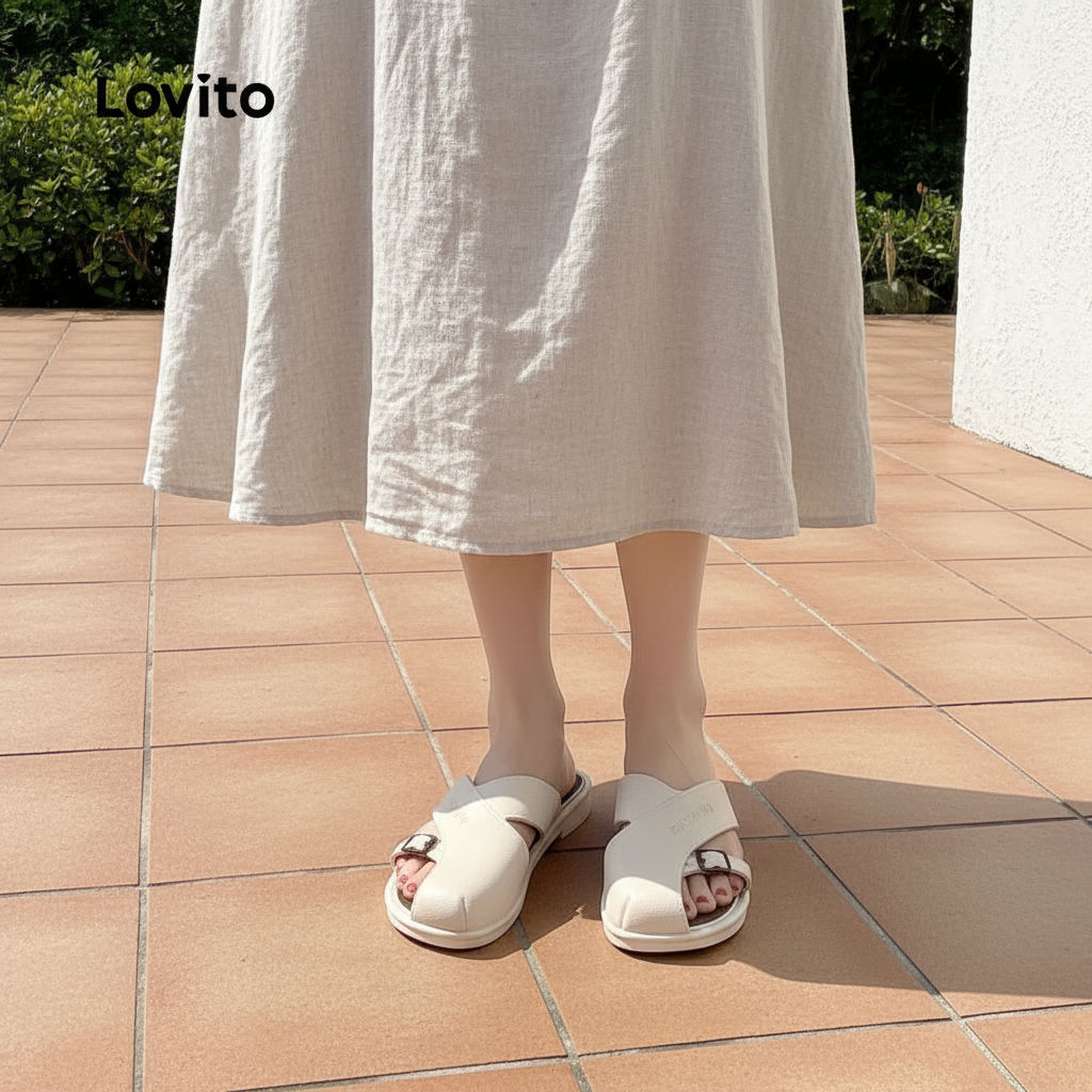 Lovito Casual รองเท้าแตะโรมันส้นแบนสไตล์เกาหลีสําหรับผู้หญิง LFA76303\2