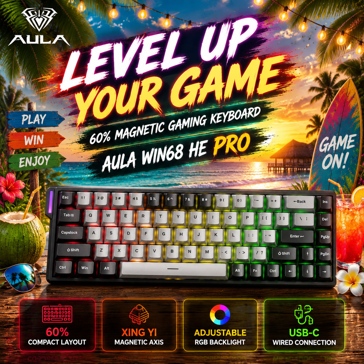 คีย์บอร์ดเกมมิ่งแบบแมคคานิคอล AULA WIN68HE Pro สวิตช์แม่เหล็กเอฟเฟกต์ฮอลล์ Rapid Trigger คีย์บอร์ด 6