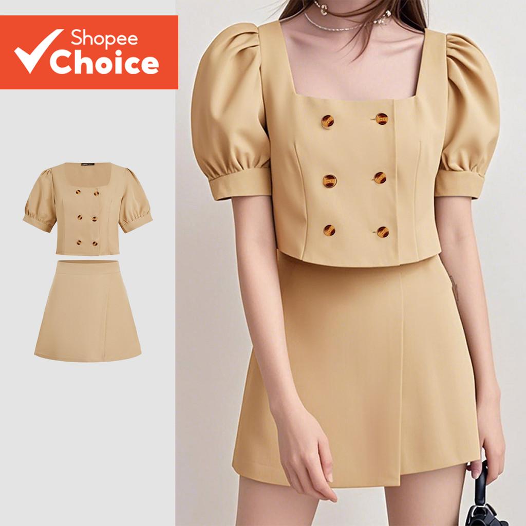 B131-2-เสื้อแขนพัฟคอเหลี่ยมกระดุมสองแถว/กระโปรงครึ่งตัว-KB131PBD1254