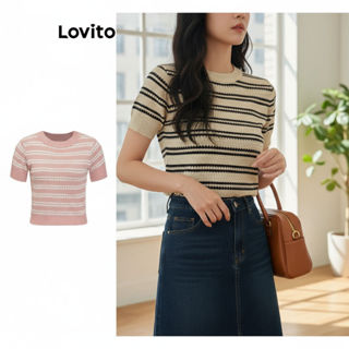 Lovito เสื้อถักคอกลมลายทางฤดูใบไม้ผลิ/ฤดูร้อน เสื้อลําลองผู้…