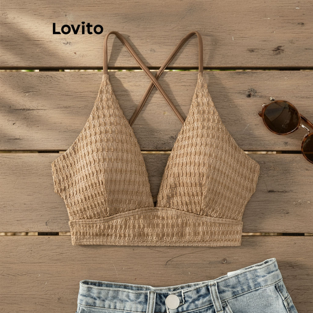 Lovito เสื้อบิกินี่ผู้หญิง สีพื้น ดีไซน์ไขว้ Texture สไตล์หรูหรา รุ่น LNL42167