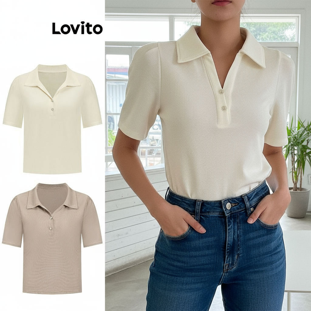 Lovito เสื้อยืดคอปกโปโลไข่มุกลําลองสําหรับผู้หญิง LBL10131