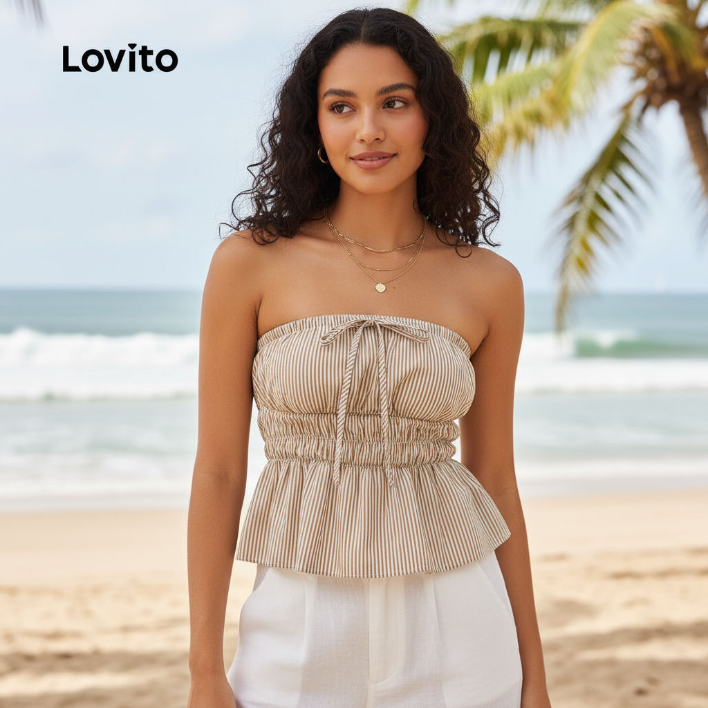 Lovito เสื้อแขนกุดลําลองลายทางผูกเชือกฤดูร้อนสําหรับผู้หญิง L116LD255