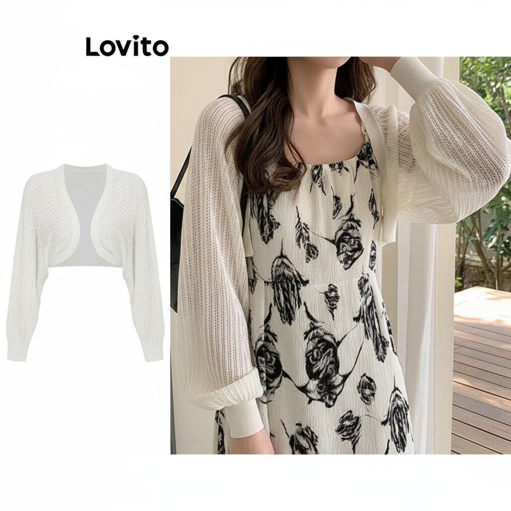Lovito เสื้อคาร์ดิแกนลําลองสีพื้นสําหรับผู้หญิง L64AD102 (ขาว/ดํา)