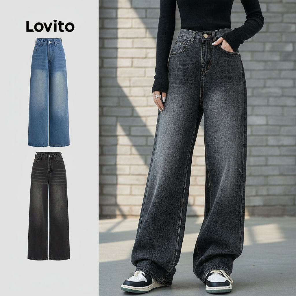 Lovito กางเกงยีนส์ผู้หญิง Cats Whiskers กระเป๋า Jeans ลําลอง L106AD1240\4