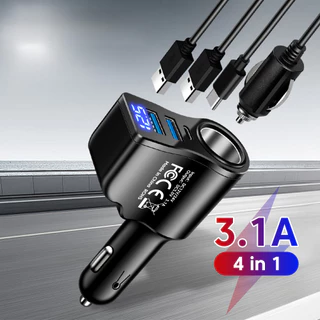 ที่ชาร์จในรถแบบ 4-in-1 มีหน้าจอแสดงผลดิจิตอล 2 USB 1 Type C ชาร์จเร็ว 3 พอร์ต สีดํา สําหรับใช้ในรถยนต์