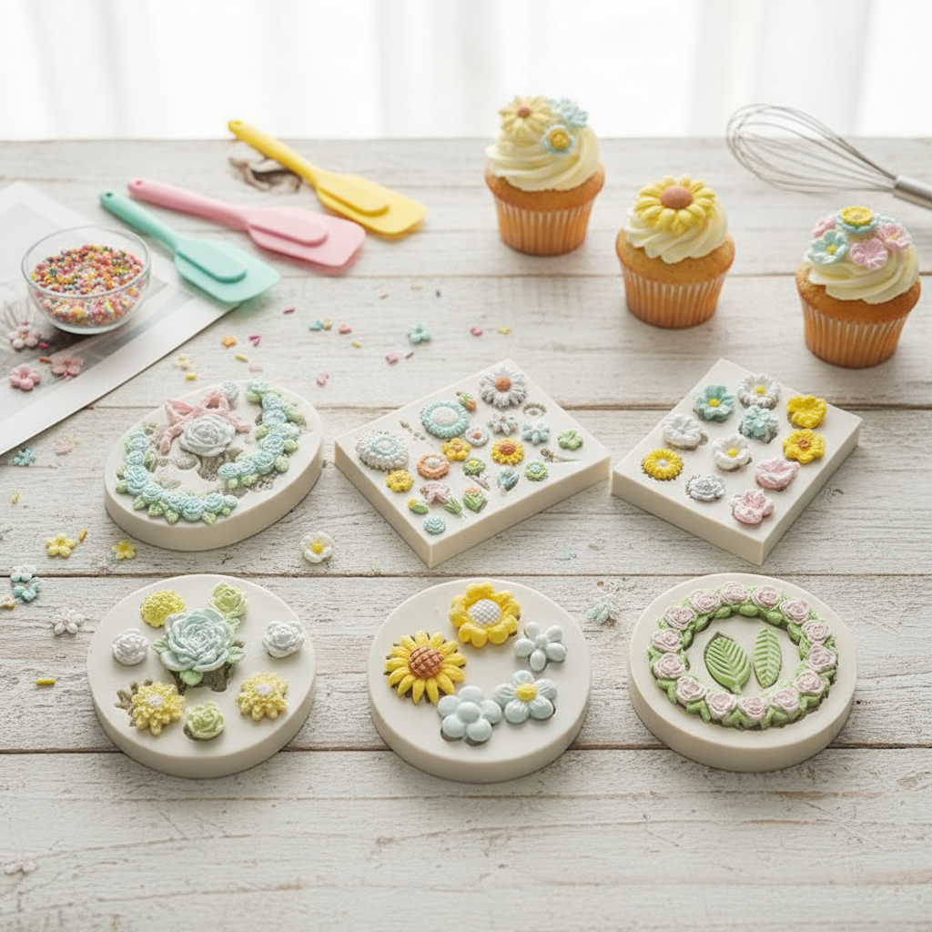 แม่พิมพ์ขนมฟองดองต์และช็อกโกแลตลายดอกไม้บาร์oque 3D ขนาด 3 ชิ้น