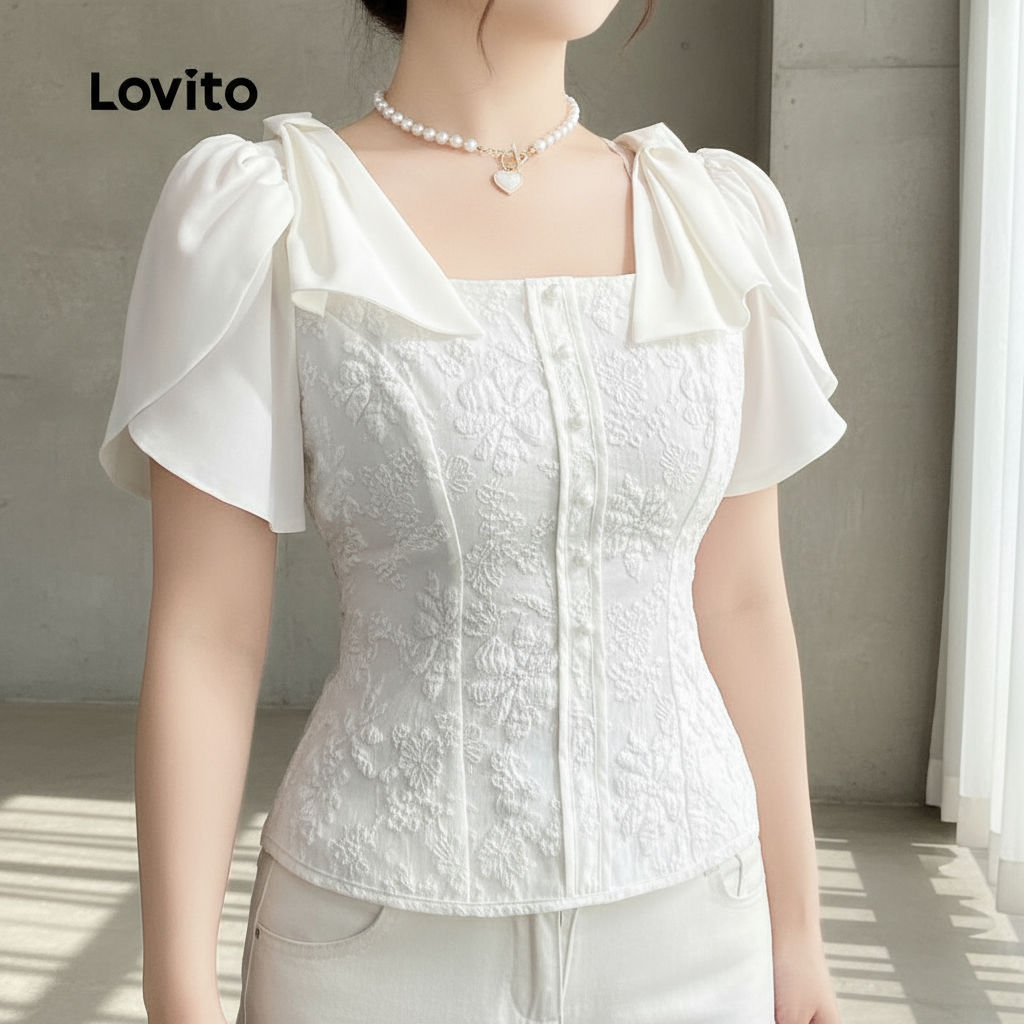 Lovito เสื้อเบลาส์ผู้หญิงสีขาว เย็บแต่งโบว์ สไตล์หรูหรา สําหรับฤดูใบไม้ผลิและฤดูร้อน L146ED015