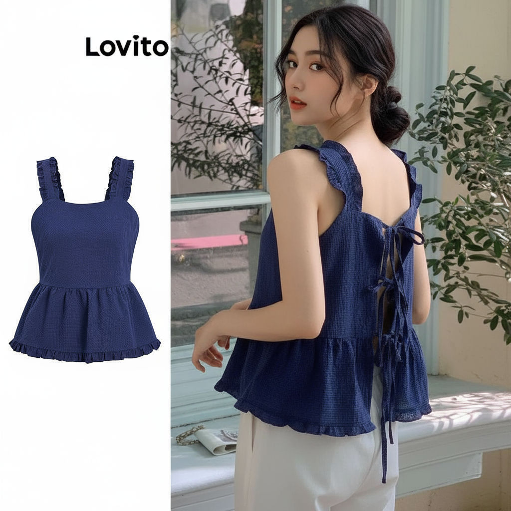 Lovito เสื้อกล้ามลําลอง ลายกิงแฮมระบายชายเสื้อTie เสื้อกล้ามด้านหลังสําหรับผู้หญิง L96MD168\2