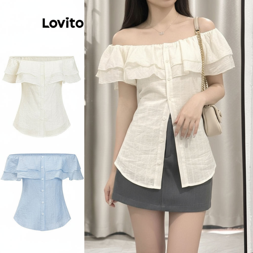 Lovito เสื้อผู้หญิงฤดูใบไม้ผลิฤดูร้อน ผ้าเรียบแต่งระบายติดกระดุม สําหรับผู้หญิง L79AD128\2