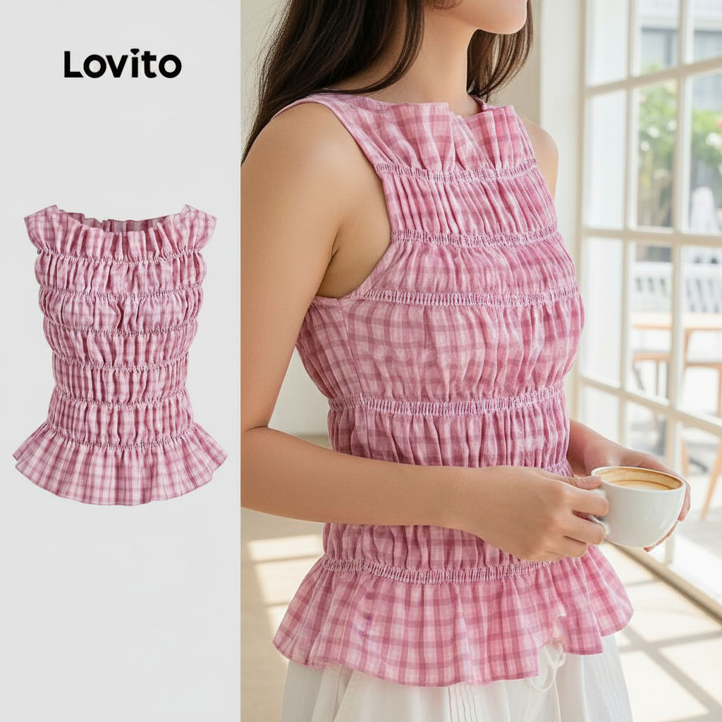Lovito เสื้อกล้ามลายกิงแฮมน่ารัก สําหรับผู้หญิง ฤดูร้อน/ฤดูใบไม้ผลิ L125AD139\2