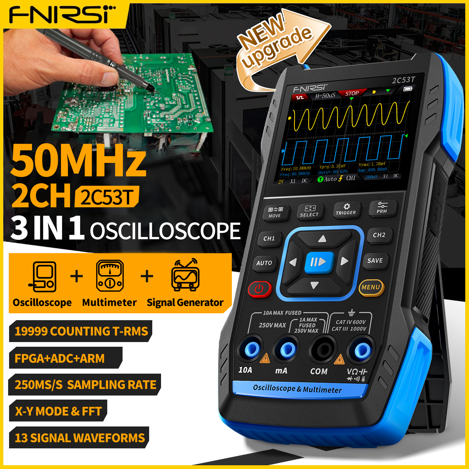 หนึ่งชุด FNIRSI 2C53T 3-in-1 Handheld Oscilloscope, 50MHz 2 Channel True RMS มัลติมิเตอร์และเครื่องก