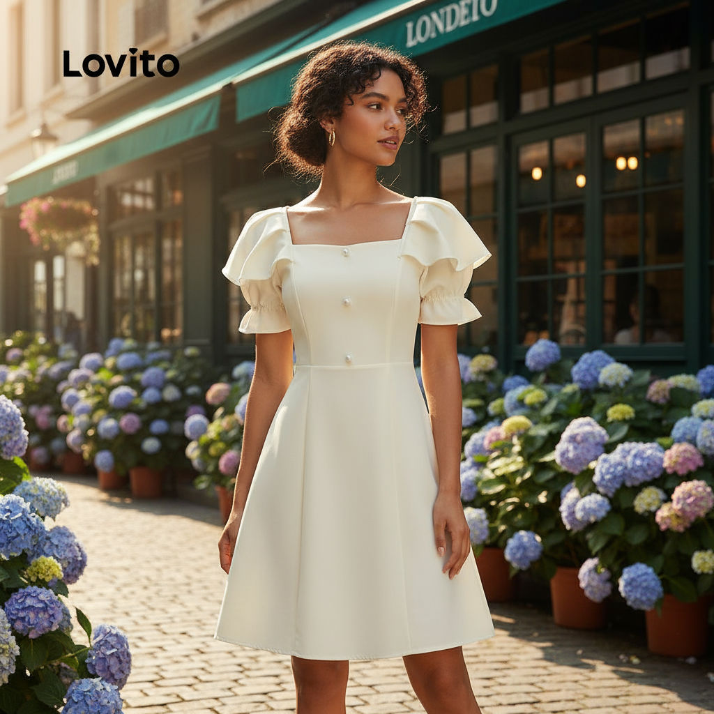 Lovito ชุดเดรสผู้หญิงหรูหราแอปริคอทแต่งกระดุมเรียบสําหรับฤดูใบไม้ผลิ-ฤดูร้อน L134ED743