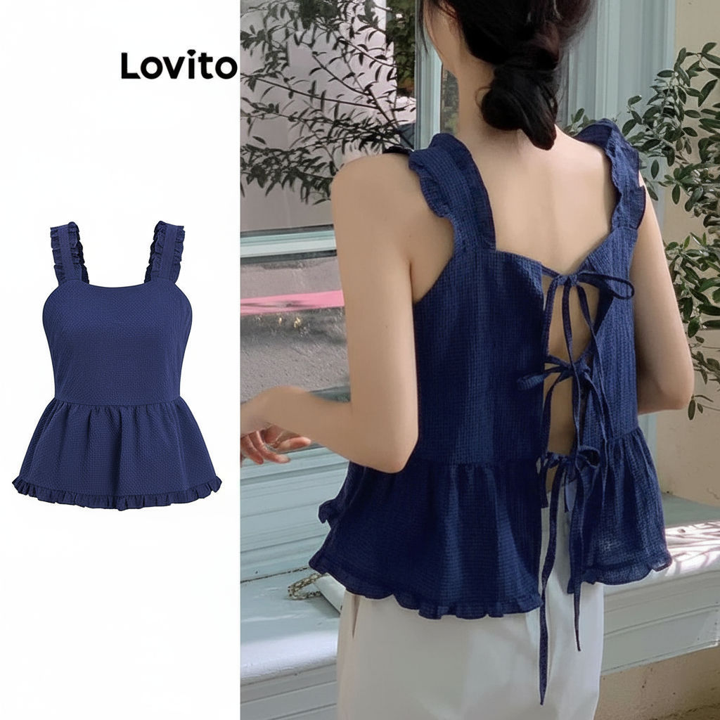 Lovito เสื้อกล้ามลําลอง ลายกิงแฮมระบายชายเสื้อTie เสื้อกล้ามด้านหลังสําหรับผู้หญิง L96MD168\3