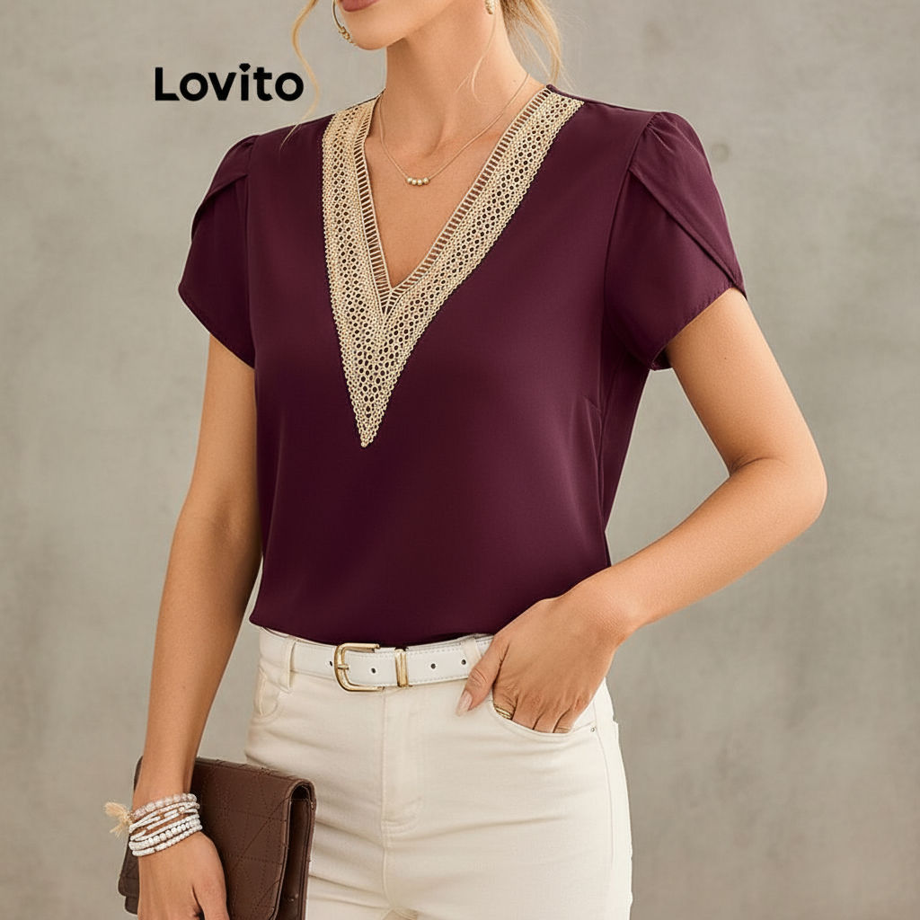 Lovito เสื้อผู้หญิงคอระบายดีไซน์เรียบหรู รุ่น LBL19214\5