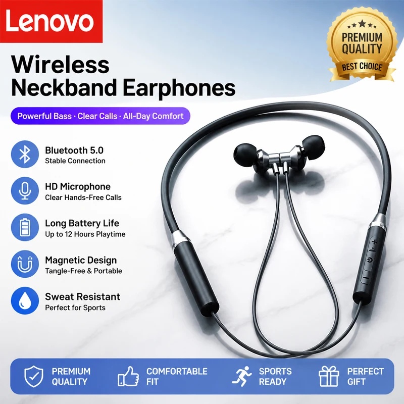 หูฟังบลูทูธไร้สาย Lenovo HE05X แบบคล้องคอ มาตรฐานกันน้ํา หูฟังสปอร์ตพร้อมไมค์ สําหรับฟังเพลงและเดินท