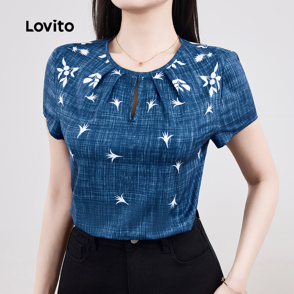 trendy3-Lovito เสื้อเชิ้ตรูปแบบหรูหราพิมพ์ลายดอกไม้พลีท สำหรับหญิงสาวในฤดูใบไม้ผลิ/ฤดูร้อน L138ED441