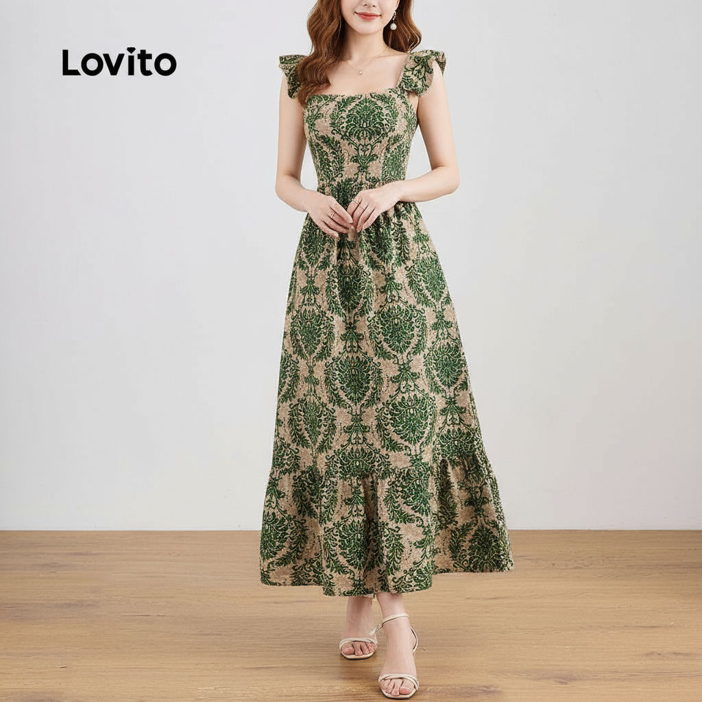 (trendy2)Lovito โบฮีเมียนลายชนเผ่าระบายแพทเทิร์นเดรสสําหรับผู้หญิง L129ED445