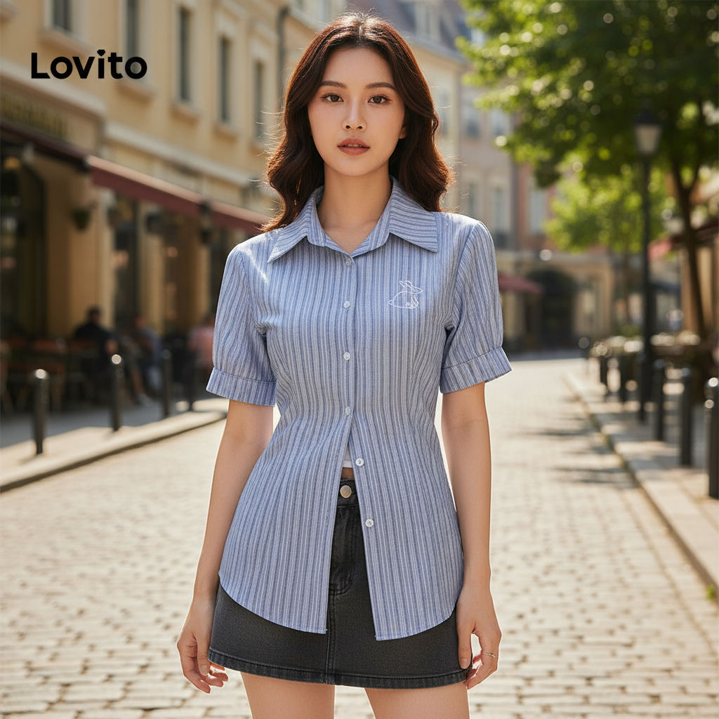 Lovito เสื้อเชิ้ตแขนพัฟผู้หญิงลายปัก ติดกระดุมหน้า สําหรับสุภาพสตรี L58AD035 (สีน้ําเงิน)