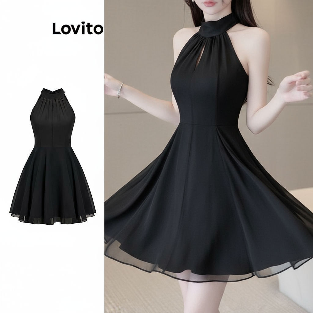 Lovito เดรสผู้หญิงเรียบหรู ผูกหลังสองชั้น สไตล์คลาสสิก L80ED448\3