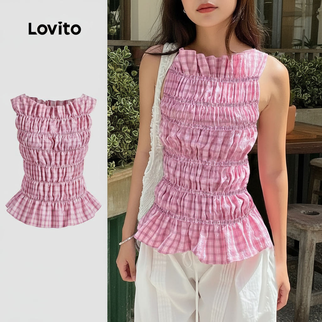 Lovito เสื้อแขนกุดลายกิงแฮมสุดเก๋สําหรับผู้หญิง ฤดูร้อน/ฤดูใบไม้ผลิ L125AD139\6