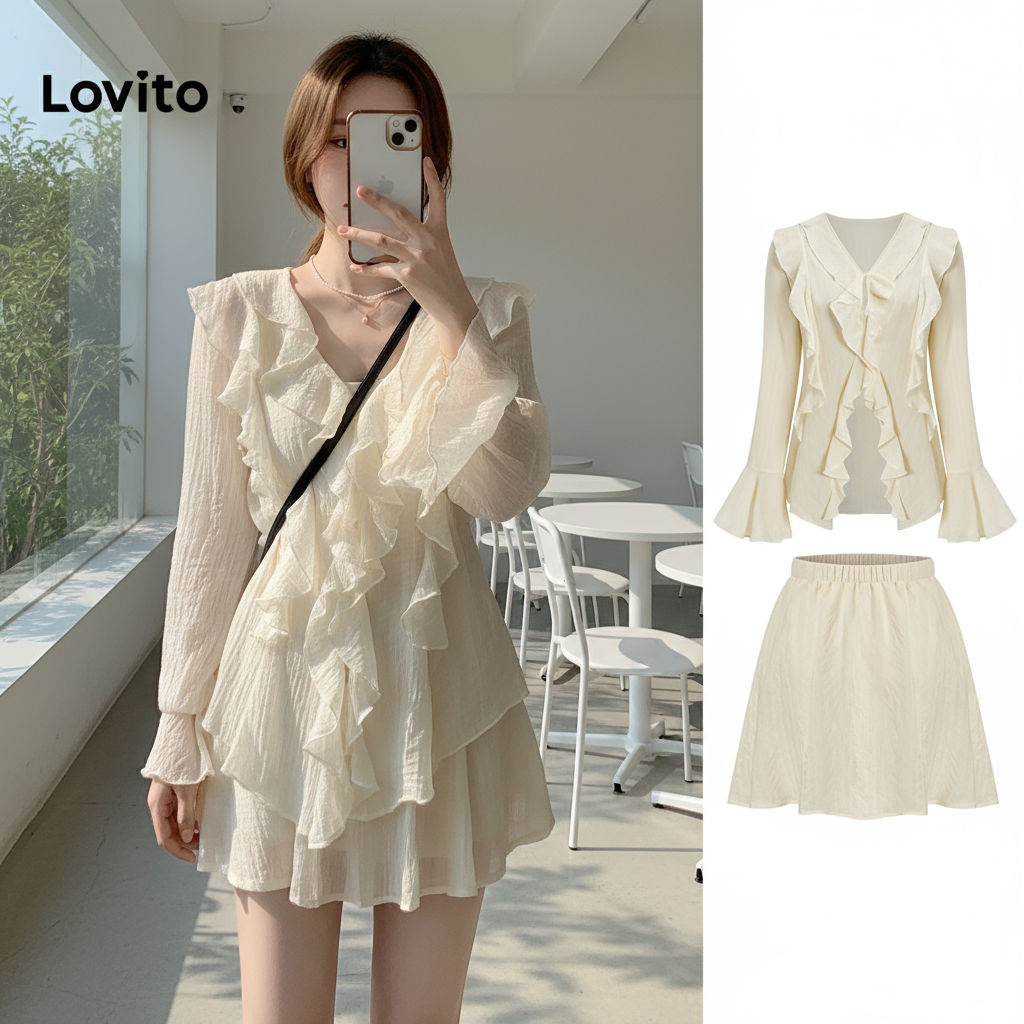 Lovito เสื้อเบลาส์ผู้หญิง สไตล์ลําลอง ดีไซน์ระบาย มีซับในและกางเกงนิรภัยในตัว รุ่น L61AD100