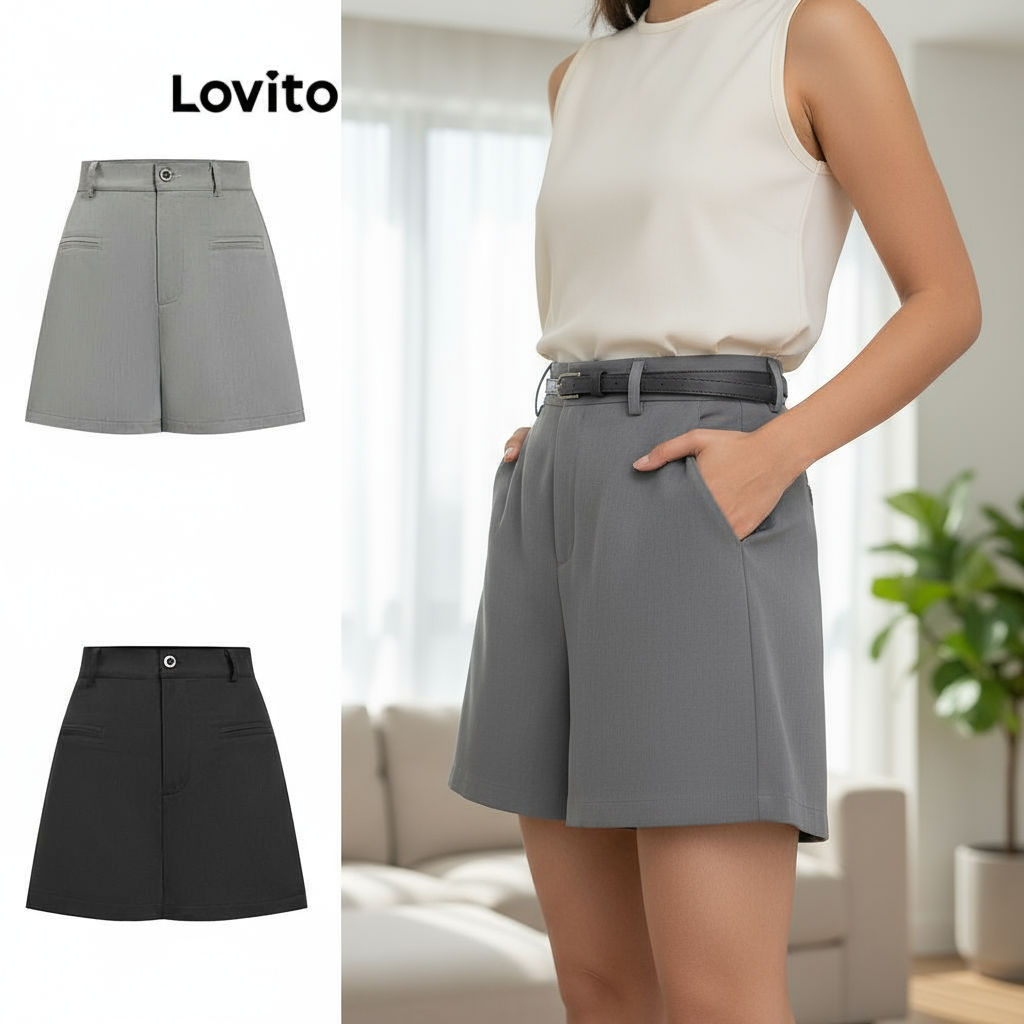 Lovito กางเกงขาสั้นลําลอง กางเกงขาสั้นกระเป๋าปลอมจีบธรรมดาสําหรับผู้หญิง LNE57601\3