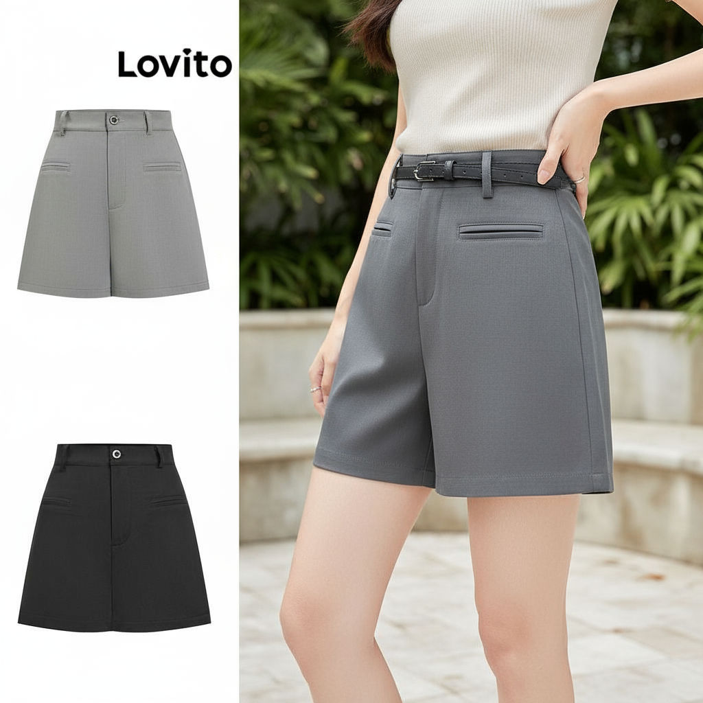 Lovito กางเกงขาสั้นลําลอง กางเกงขาสั้นกระเป๋าปลอมจีบธรรมดาสําหรับผู้หญิง LNE57601\4