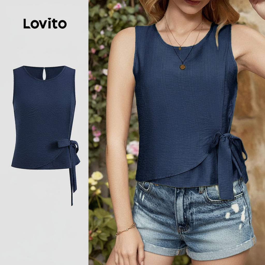 Lovito เสื้อกล้ามลำลองสีพื้นไม่สมมาตรสำหรับผู้หญิงในช่วงฤดูร้อน L123ED655\5