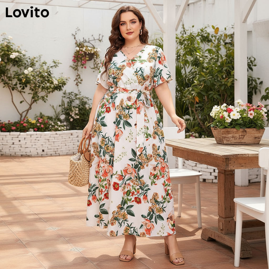 Lovito เดรสสาวอวบ ลายดอกไม้ พร้อมเข็มขัด หรูหรา LNL77432