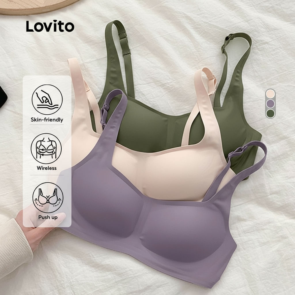 Lovito เสื้อชั้นในไร้รอยต่อเซ็กซี่ ระบายอากาศ หัวเข็มขัด สําหรับผู้หญิง LNL43214\5