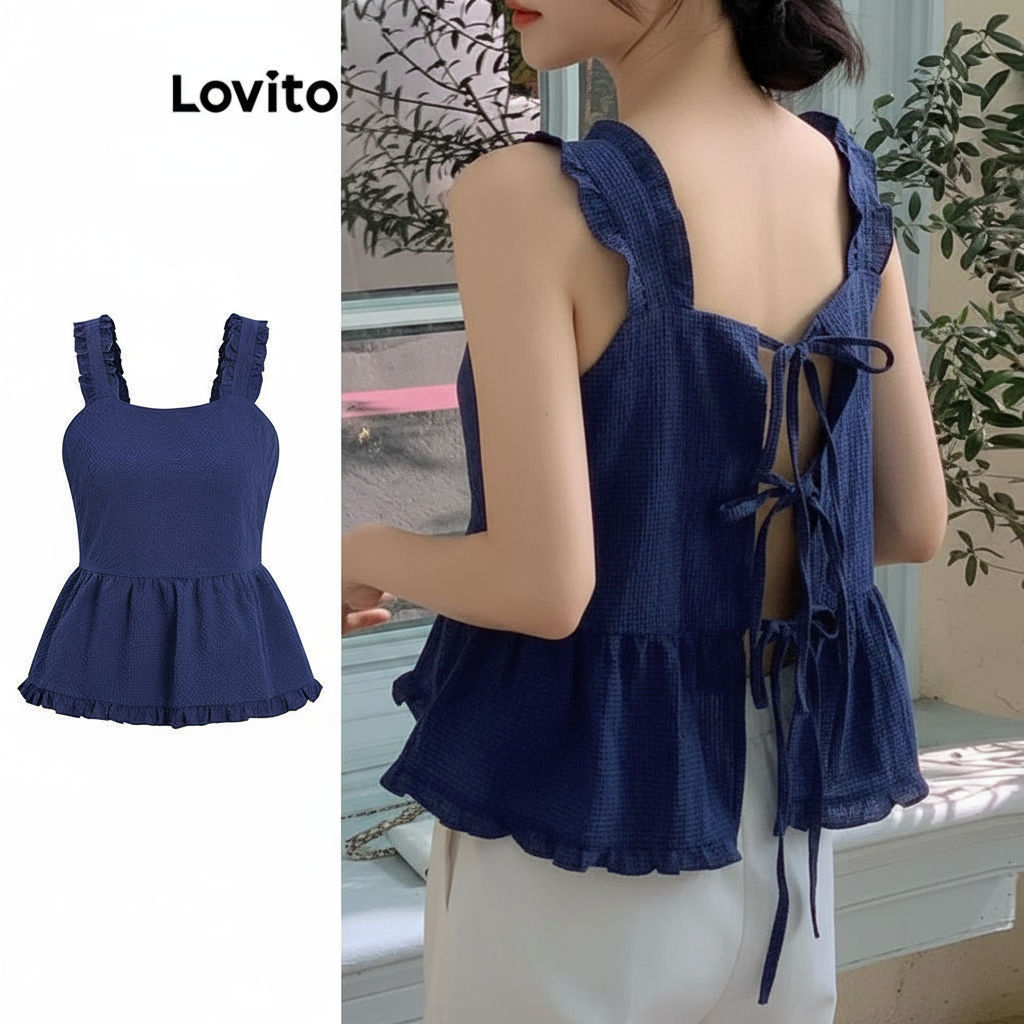 Lovito เสื้อกล้ามลําลอง ลายกิงแฮมระบายชายเสื้อTie เสื้อกล้ามด้านหลังสําหรับผู้หญิง L96MD168\5