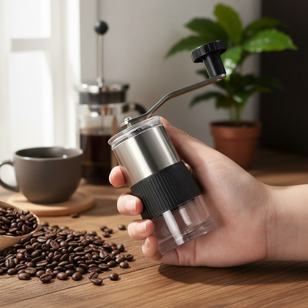 คู่มือเครื่องบดกาแฟขนาดเล็กแบบมือหมุน แกนเซรามิกและสแตนเลส ดีไซน์กะทัดรัด