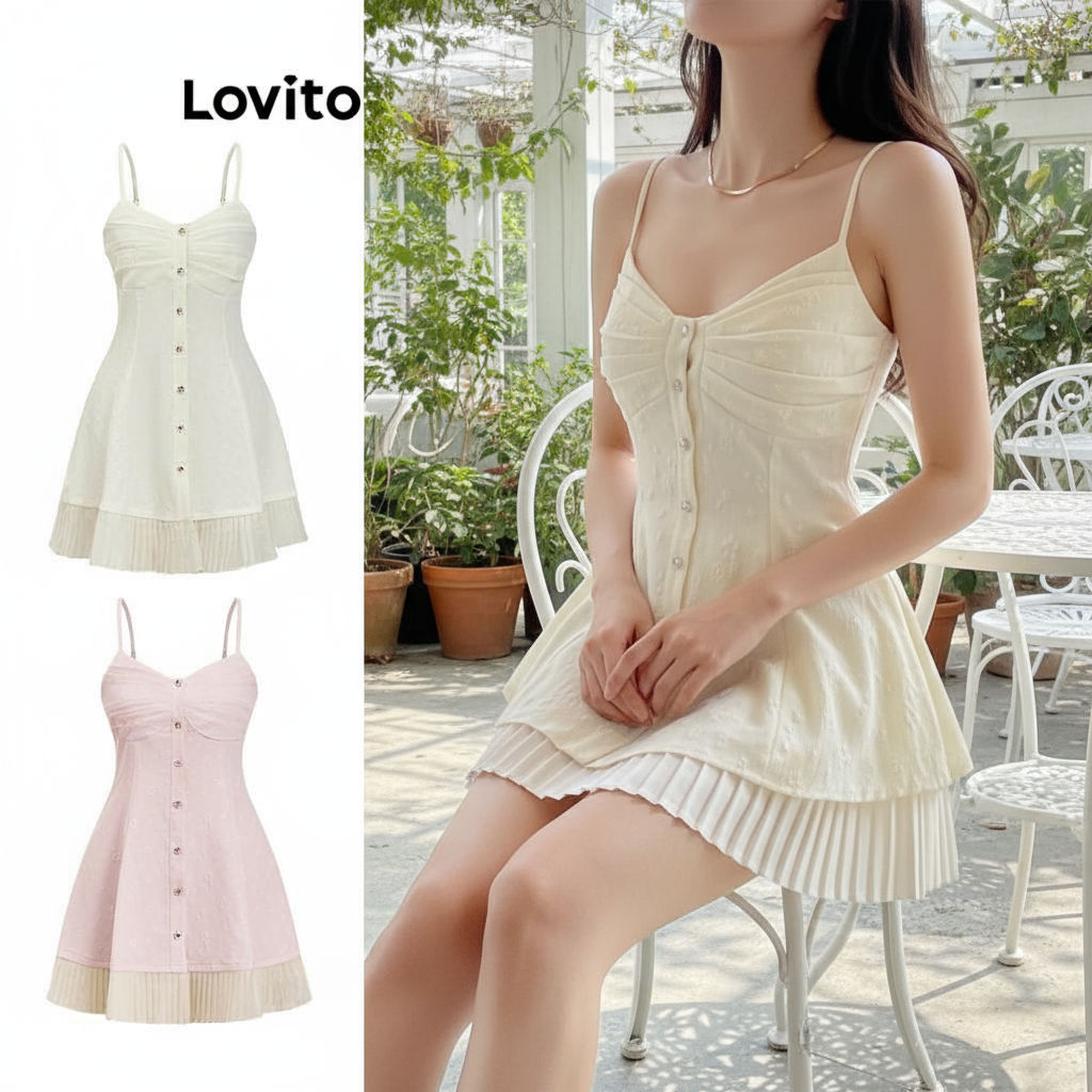 Lovito เดรสผู้หญิงลําลอง กระดุมหน้า ผ้าแจ็คการ์ดจีบ ทรงสวย สําหรับฤดูร้อน L86ED347\3
