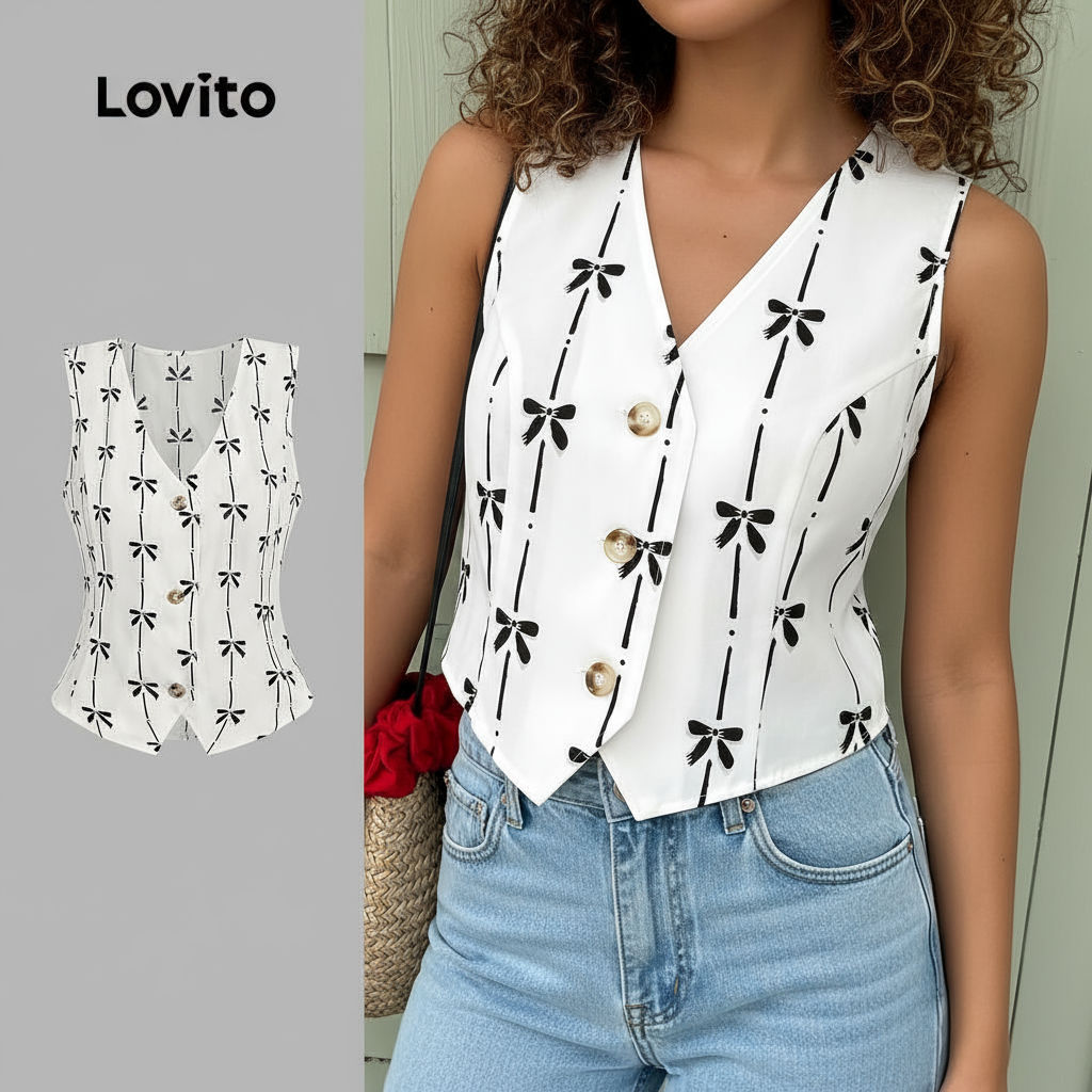 trendy3-Lovito ปุ่มโบว์ลําลองด้านหน้าสันทนาการฤดูใบไม้ผลิ/ฤดูร้อนหลากสีเสื้อกล้ามสําหรับผู้หญิง L135