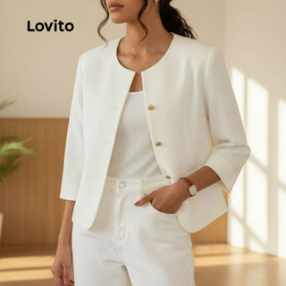 Lovito เบลเซอร์ผู้หญิง ทรงเรียบหรู กระดุมหน้า สไตล์ลําลอง รุ…