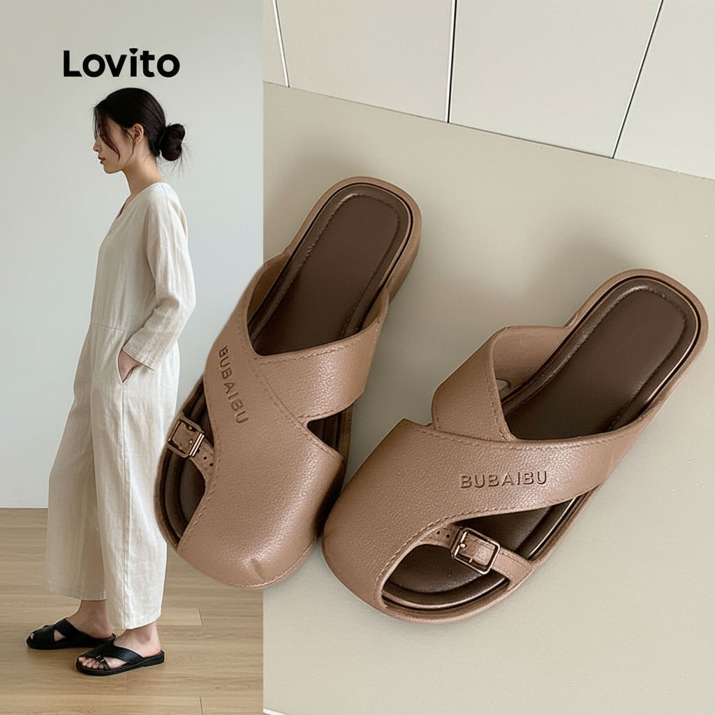 Lovito ไม่เป็นทางการ ธรรมดาเวอร์ชั่นเกาหลีรองเท้าแตะโรมันรูปทรงพิเศษวันหยุดสวมรองเท้าแตะส้นแบนสําหรั