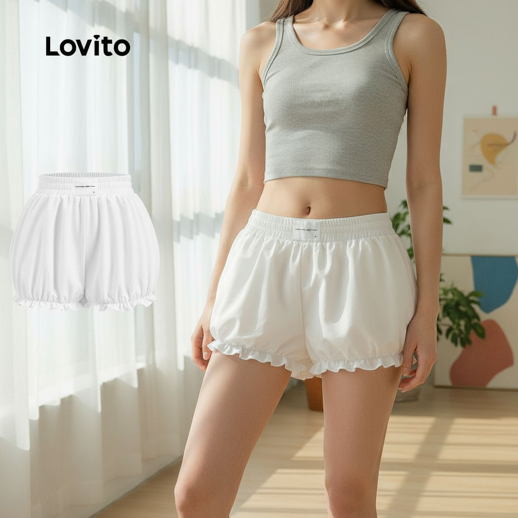 Lovito กางเกงขาสั้นผู้หญิง แต่งขอบสีพื้น สําหรับฤดูร้อนและฤดูใบไม้ผลิ รุ่น L130AD174