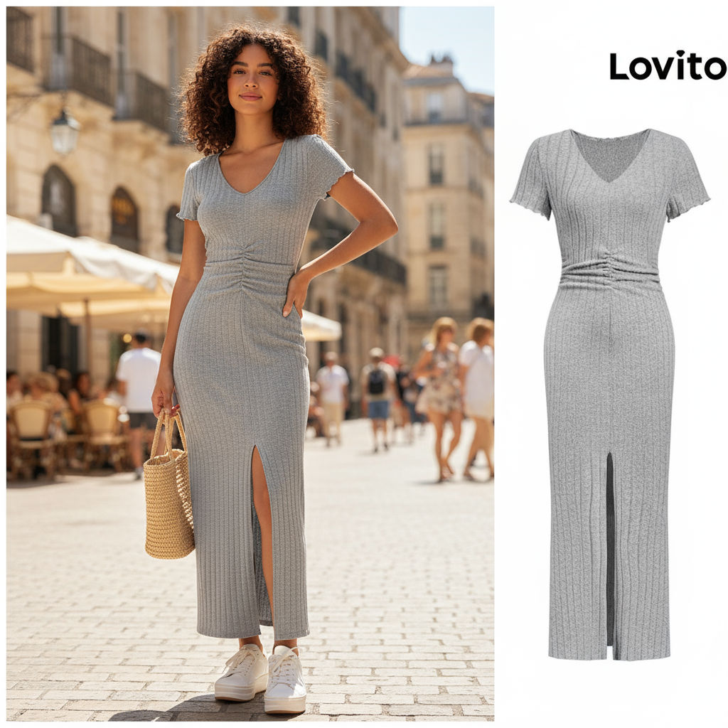 (trendy2)Lovito ชุดเดรสลําลองชุดเดรสด้านหน้าแบบแยกธรรมดาสําหรับผู้หญิง L108ED610