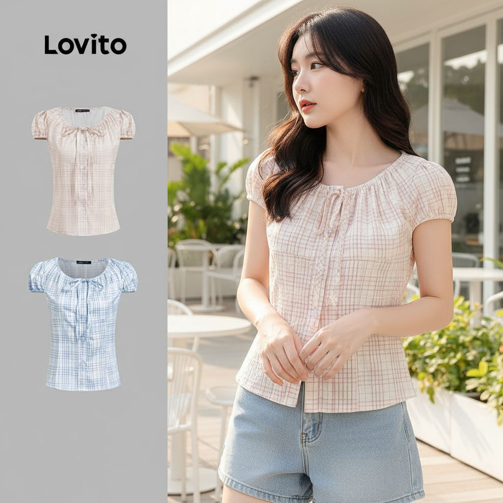 Lovito เสื้อเบลาส์ผูกเอวสําหรับฤดูร้อน/ฤดูใบไม้ผลิ ช่วงคริสต์มาส จีบระบายสําหรับผู้หญิง L130AD146