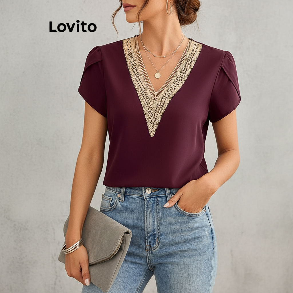 Lovito เสื้อเชิ้ตผู้หญิง คอระบาย เรียบหรู LBL19214\6