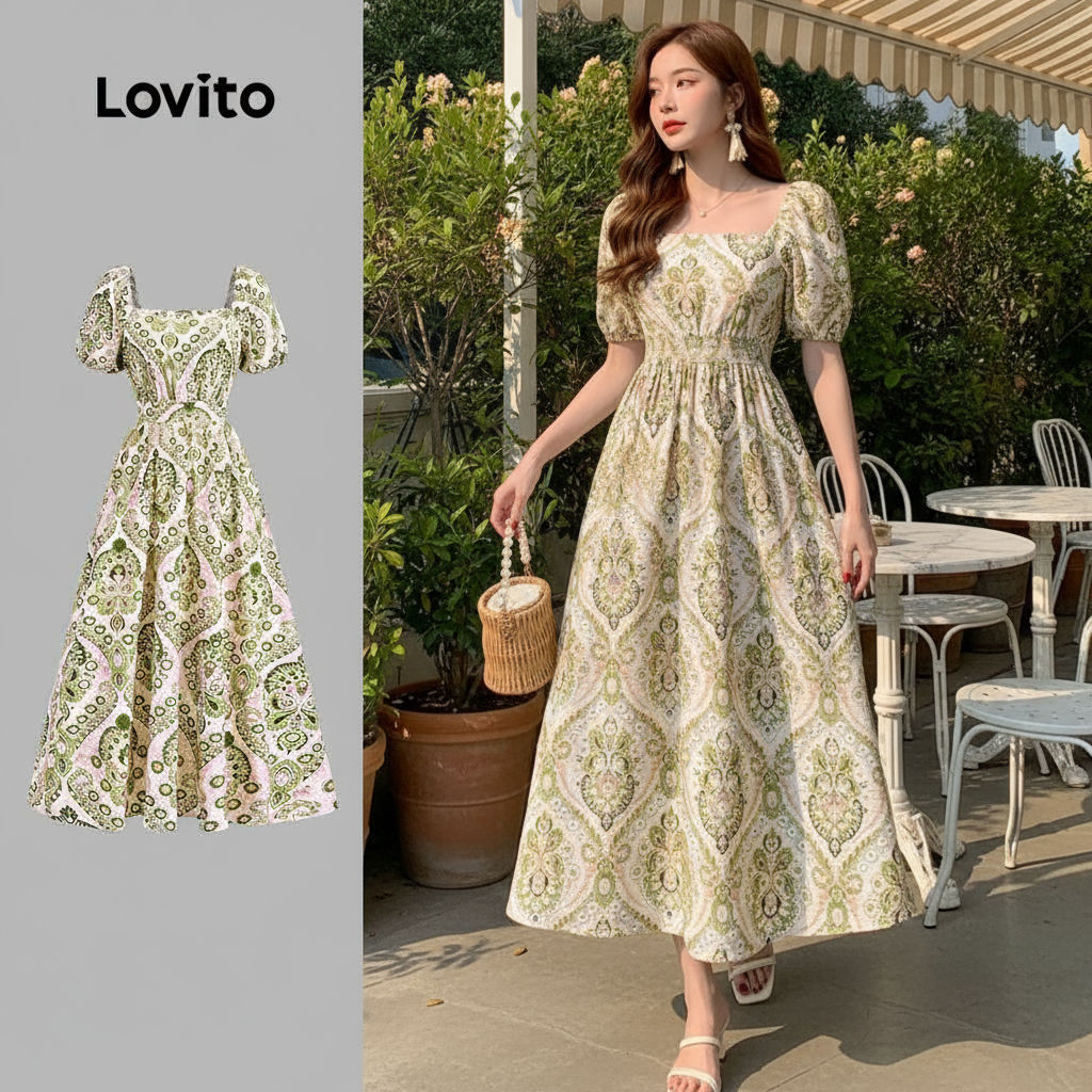 Lovito ชุดเดรสสไตล์โบฮีเมียนสำหรับคริสต์มาส/ปาร์ตี้ ทรงเข้ารูป เดรสฤดูใบไม้ผลิ/ฤดูร้อนสำหรับผู้หญิง 