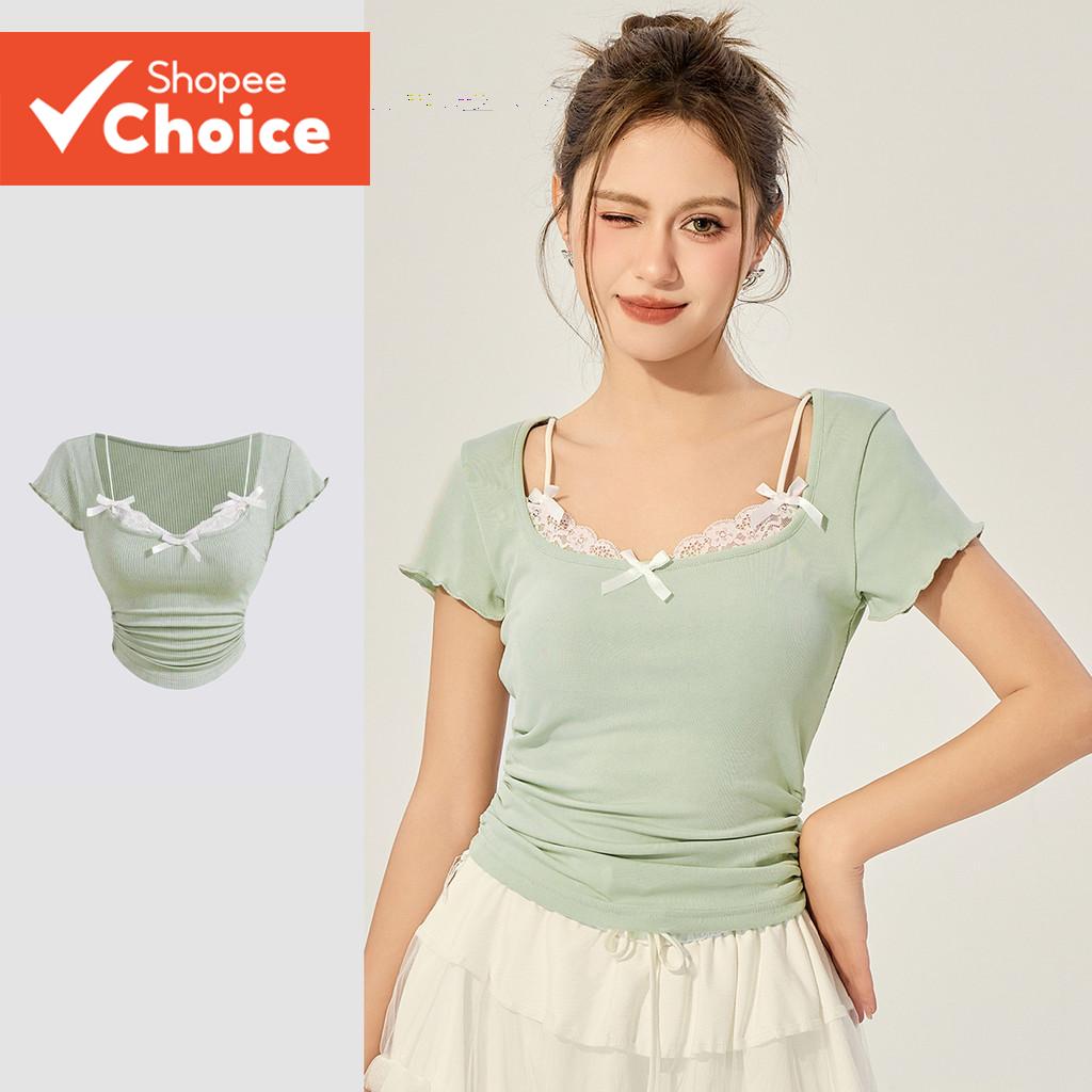 ผู้หญิง Casual Plain Bow Ruffle คอ 2In1 เสื้อยืด L117AD050