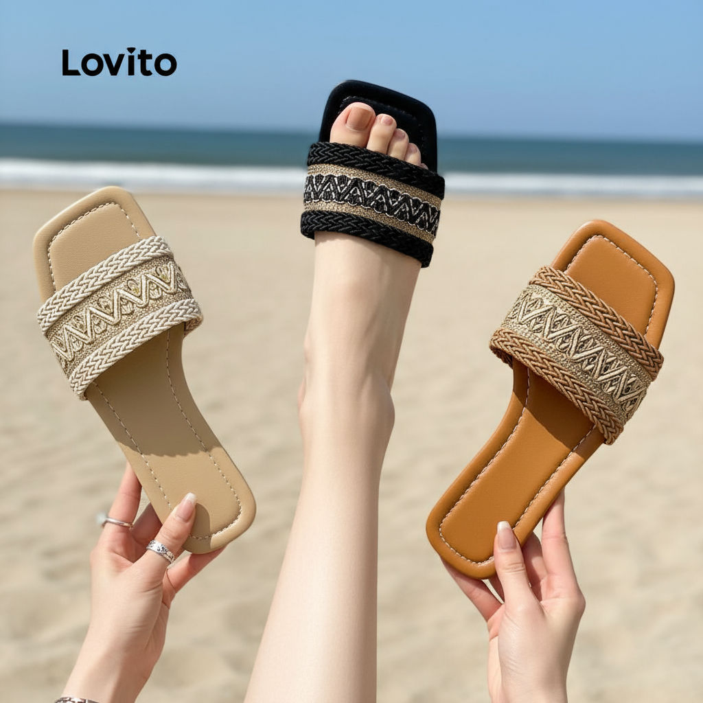 Lovito Boho รองเท้าแตะผู้หญิงสไตล์ชาติพันธุ์ฟางธรรมดา ใส่สบาย ซับเหงื่อ เหมาะกับวันหยุด เดินทาง พื้น